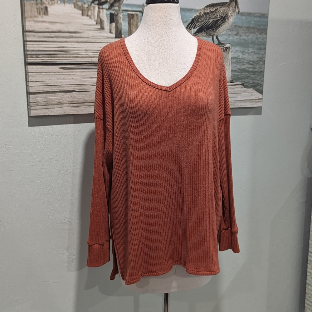 American Eagle Outfitters Rust Waffle V-Neck Sweater
